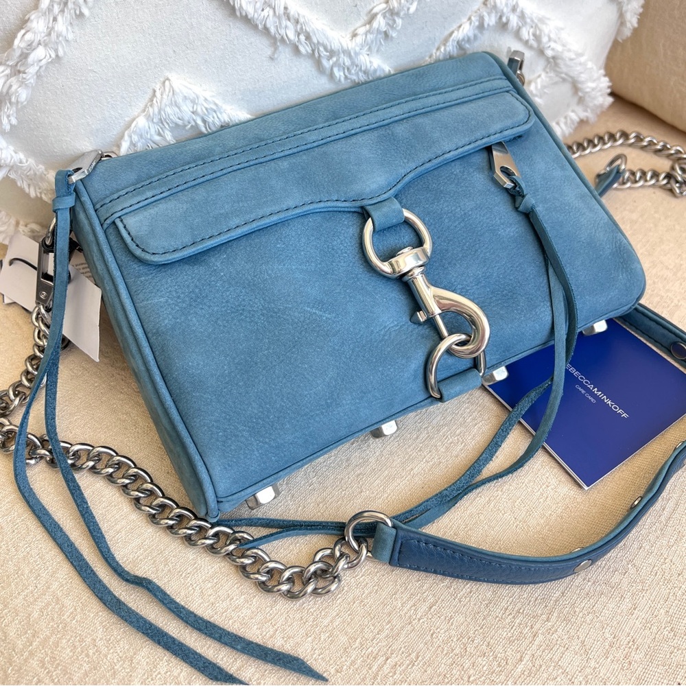 New REBECCA MINKOFF Mini Mac suede crossbody bag cloud blue